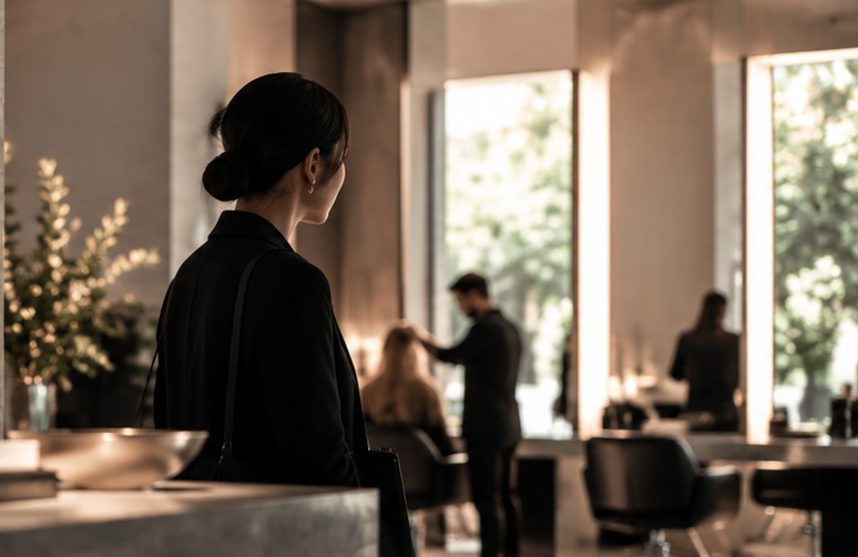 Discreet view of a guest in a contemporary hair studio